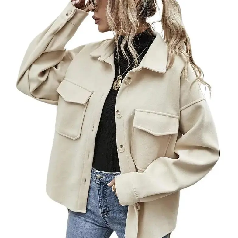 Women'S Spring 2024 Lapel Single Breasted Thick Solid Woolen Loose Coat Womenswear Check Jackets Tops Underwear Lady Outerwear Comfort Long Sleeve Fitted  Casual