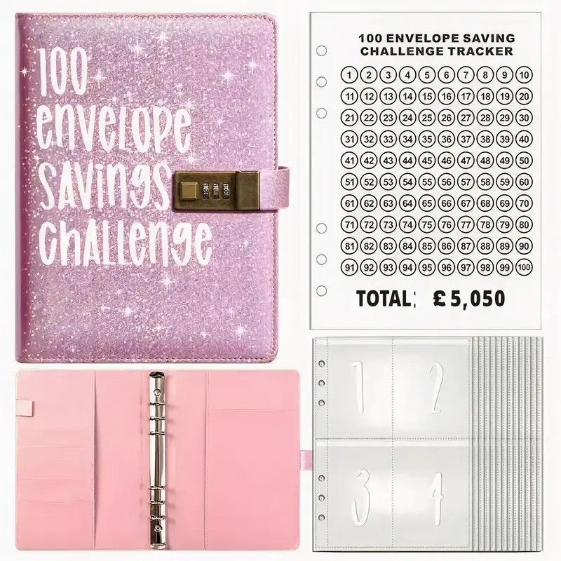 100 Envelope Saving Challenge Binder with Lock,1 Count Budget Planner Notebook, Shinny Money Saving Challenge Book, Secure 3-Digit Lock, Save in Pounds with Cash Tracker, Holiday & Christmas Gift, Teacher Gifts, UK Savings Book, New Year Gift for Saving 2