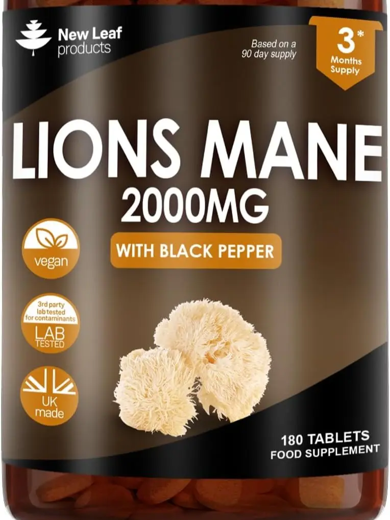 Lions Mane Mushroom Extract Supplement 2000mg - 180 High Strength Vegan Tablets with Black Pepper - (Not Powder or Capsules) Made in The UK by New Leaf Products Healthcare Dietary