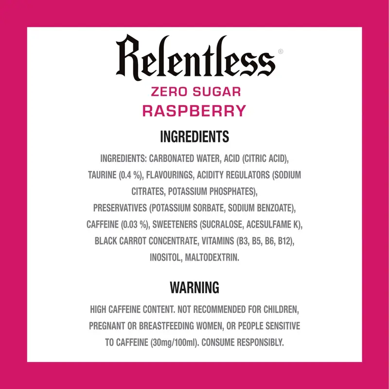 Relentless Energy Drink Raspberry Zero 500ml 12 Pack £1 2