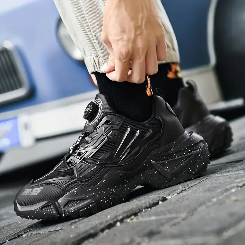 Men's Solid Chunky Shoes With Rotating Buckle, Comfy Non Slip Soft Sole Casual Durable Sneakers For Men's Outdoor Activities Boy Walking Shoes Trainer Runner Training Sports Shoes Athletic Closed Running Footwear 4