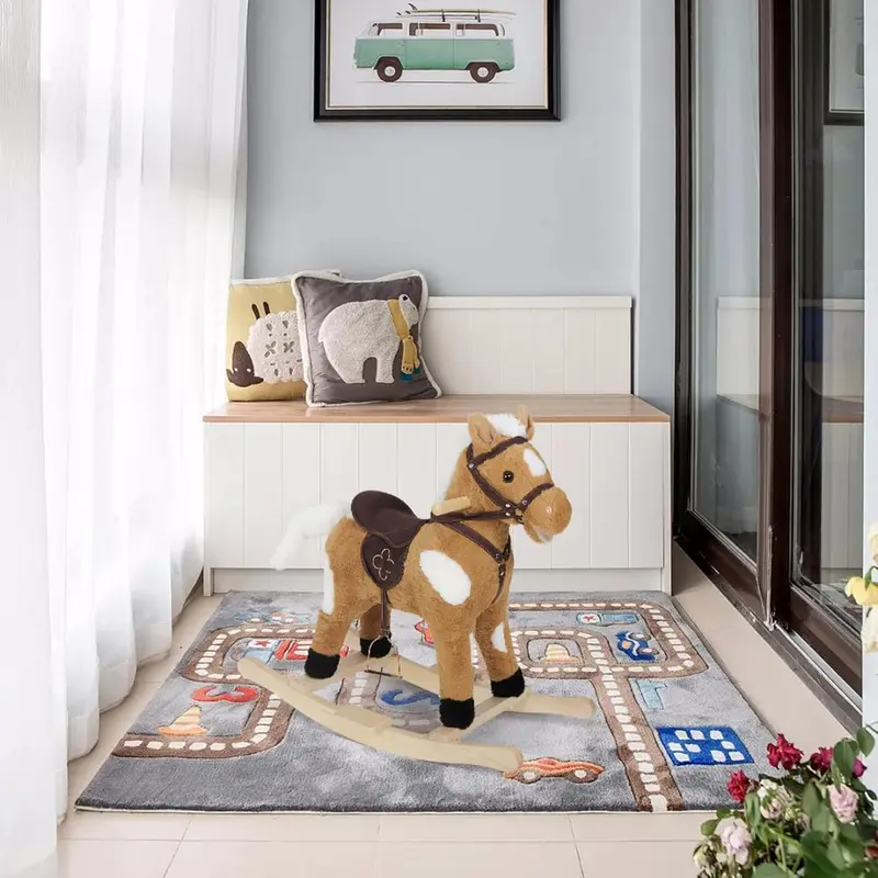 WOLTU Baby Rocking Horse Wooden Toddler Rocking Toy with Sound and Stirrups Plush Ride on Horse Kid Rocker Child Rocking Animal Gift for 1-3 Years Old, Brown, Seat Height 44cm, KSF003 1
