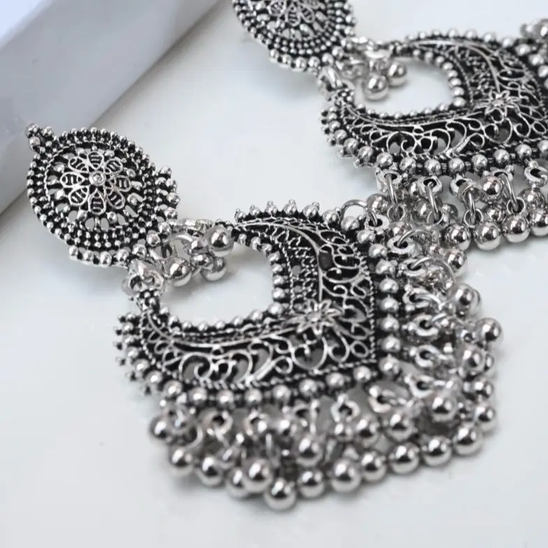 Nazish Statement Earrings - Antique Silver Chaandbali Earrings