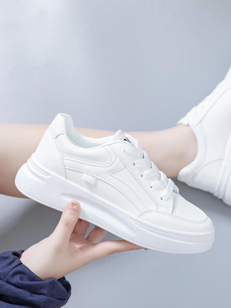 Product Introduction of Women's Fashion Plain Lace Up Front Low Top Skate Shoes, Casual Lightweight Breathable Comfortable Patched Design Sports Shoes, White Sneakers for Daily Wear Running Runner Training Trainer Walking Shoes Closed Athletic Footwear 13