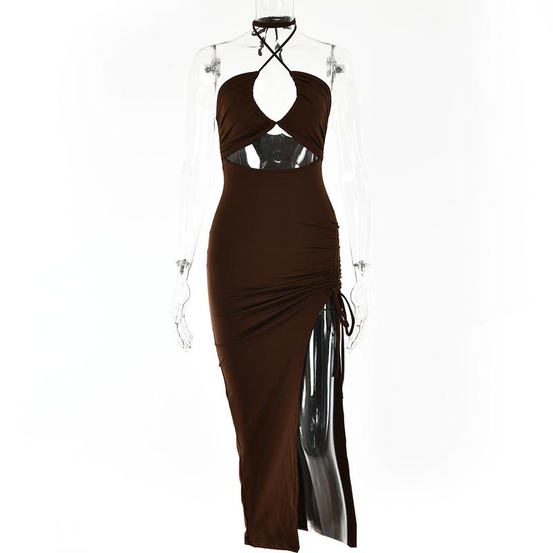 Product Introduction of Women's Halter Hollow Out Drawstring Ruched Bodycon Maxi Dress High Split Party Club Cocktail Dresses cap sleeve fashion casual dresses 6