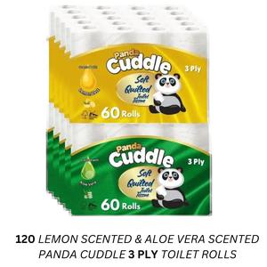 120 Panda Cuddle 3 Ply Toilet Rolls, Aloe Vera & Lemon Scented Wall-Mounted Tissue, White - Executive Design - Lightweight, Towel Wipes Napkin