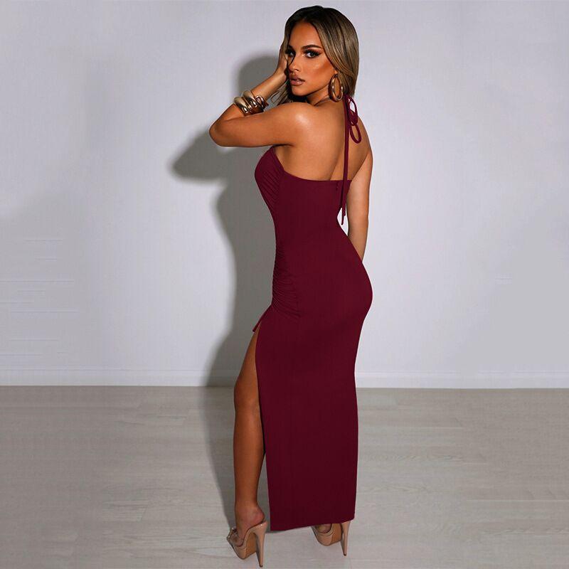 Product Introduction of 2025 hot selling style Women's plain Criss Cross Drawstring Ruched Split Thigh Bodycon Dress, Summer Dresses ,Backless Cut Out Halter Long Dress, Party Nightclub Clothes, Birthday Dress ,Sun Dresses ,Maxi Dress Fit  Stretchy 18