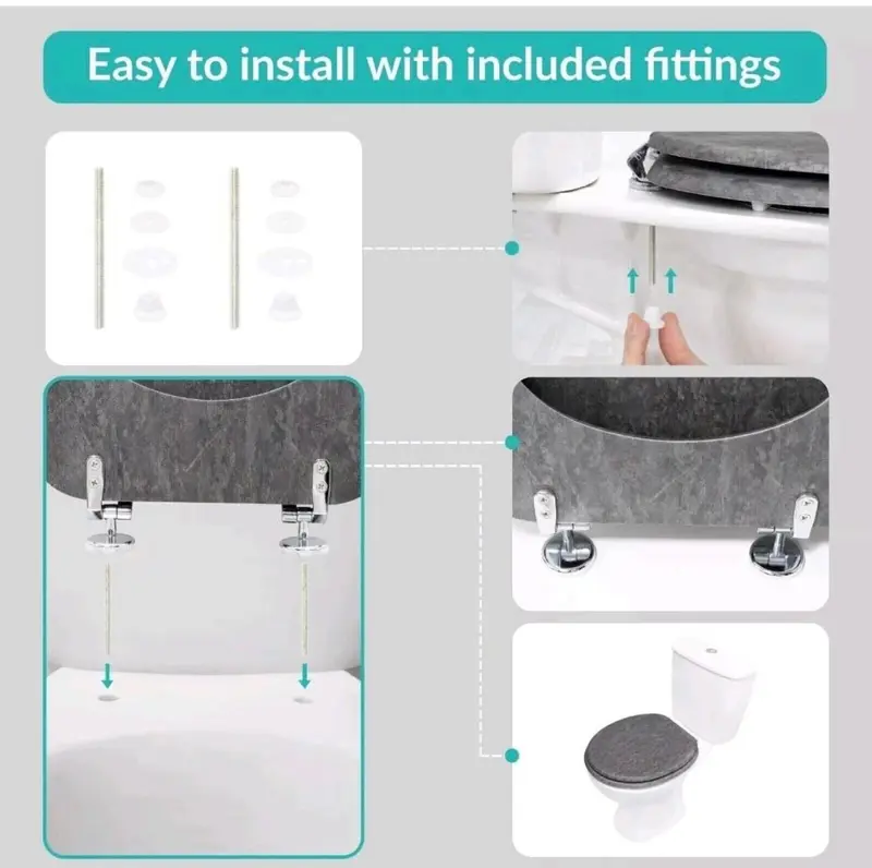 Slate Grey Effect Toilet Seat Strong Chrome Hinges Standard Loo Seat With Fitting 2