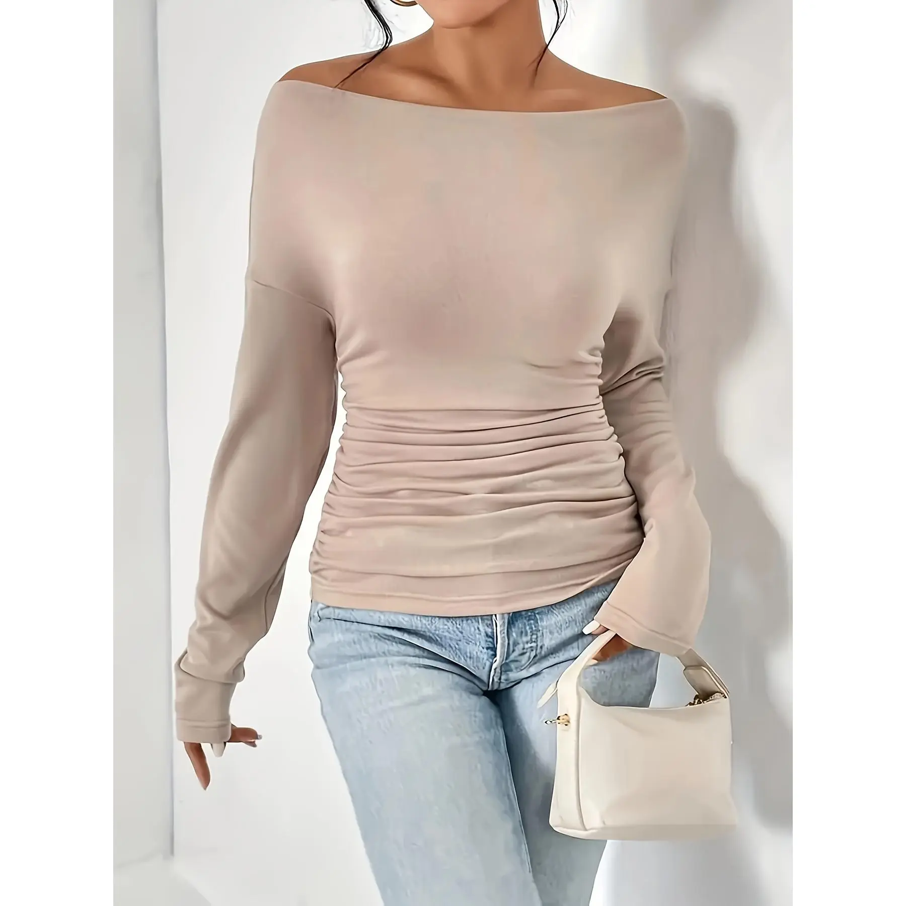 Solid Asymmetrical Neck Ruched T-Shirt, Casual Long Sleeve Top For Spring & Fall, Women's Clothing