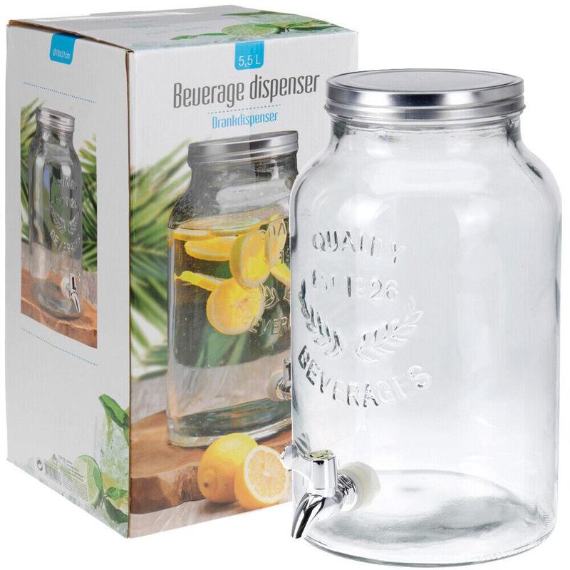 Stylish 5.5L Glass Jar Dispenser with Tap and Lid for Barbeques and Parties Bottles Beverage Drink Tin Canister Organiser 1