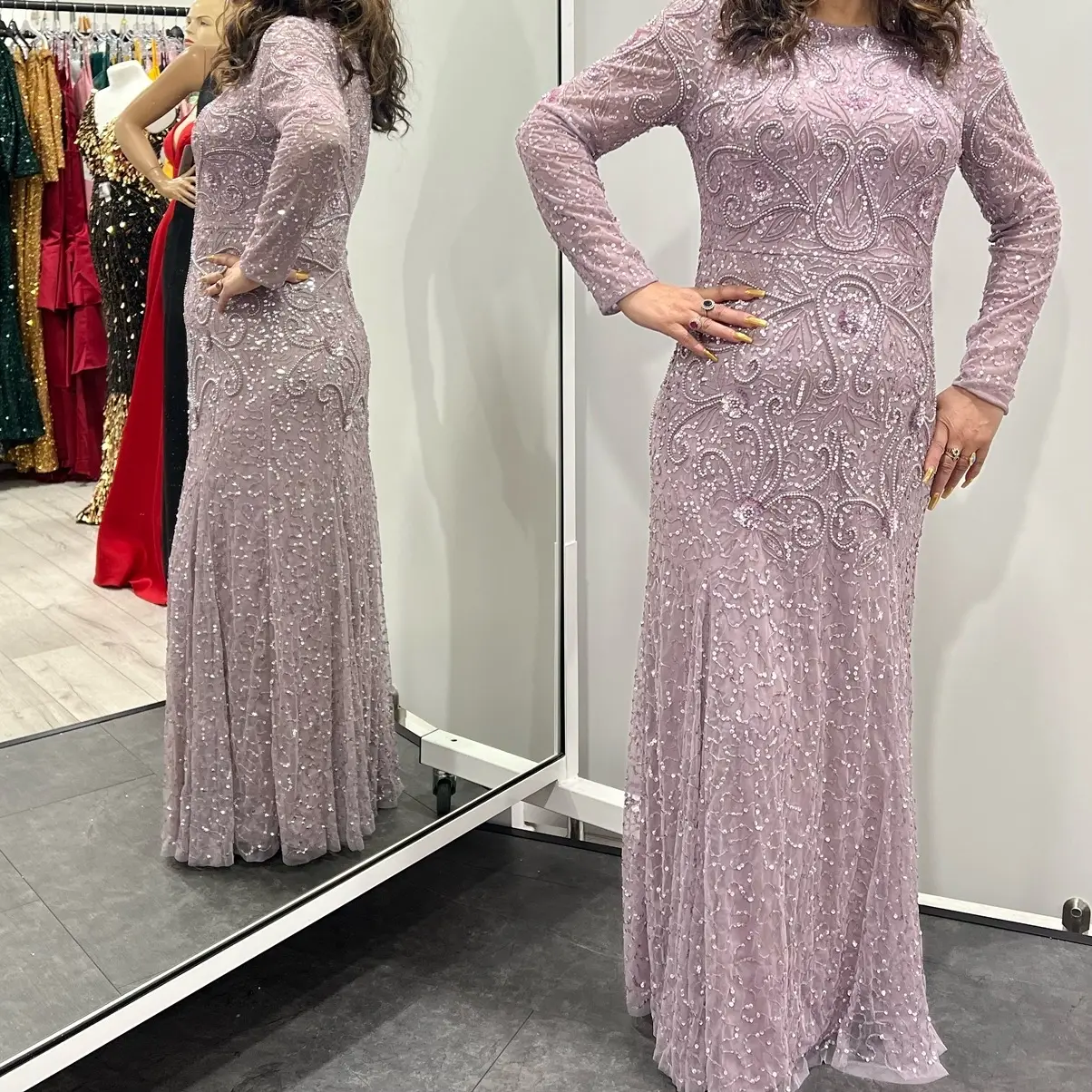 Women's Heavy Beaded Sequence Dress - Light Lilac - Workwear, Comfort, Floral, Womenswear, Long Sleeve, Formal
