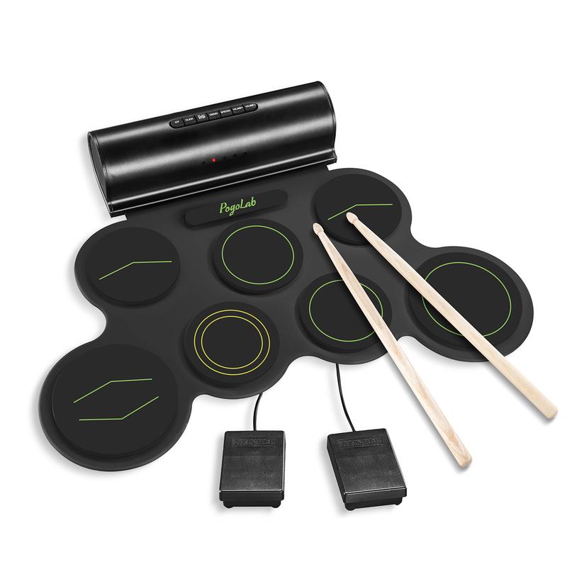 POGOLAB Roll up Drum Mat, 7 Pads Electric Drum Kit, Portable Digital Drum Practice Pad with Dual Stereo Speakers/Drumsticks/Earphone Slot, 10 Hour runtime, Christmas Birthday Gift for Kid Beginner 8