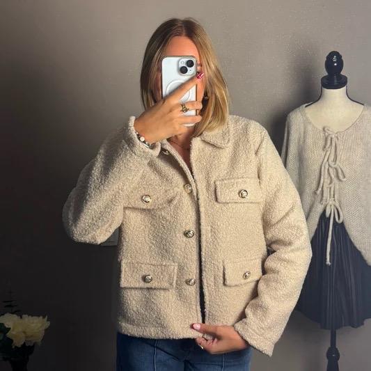 Olivia Teddy Bear Gold Button Jacket, Cozy and Cute - Womenswear fashion coat 2