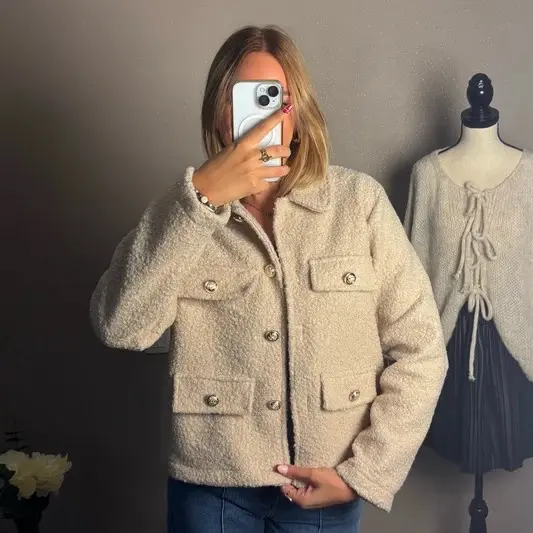 Olivia Teddy Bear Gold Button Jacket, Cozy and Cute - Womenswear fashion coat 2