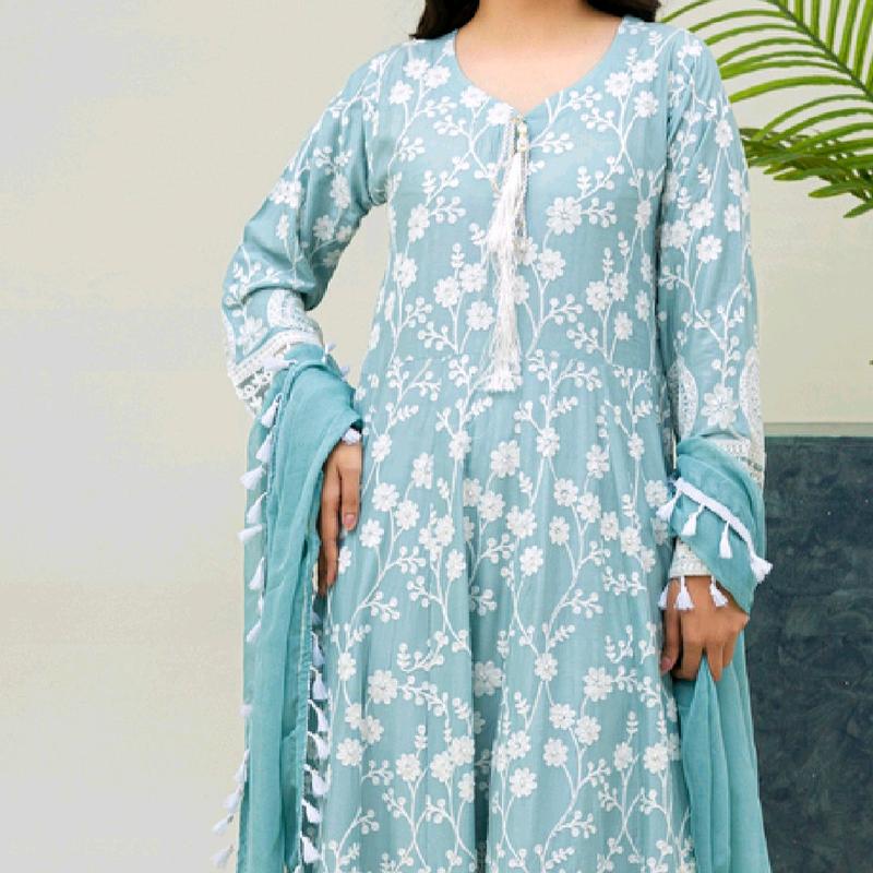 Sky blue Winter linen 3pcs heavy embroiderey with mirror pearls work maxi with chiffon dupatta having 4 sided lace party wear Casual wear avai in beautiful 3 colours Formal Womenswear Dress Long Sleeve Comfort 0