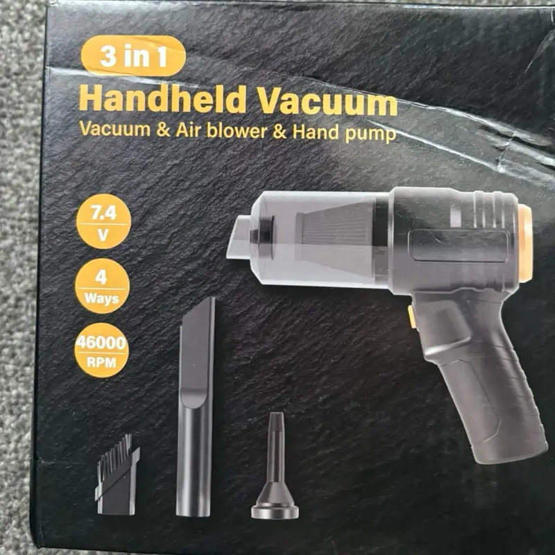3-in-1 Handheld Vacuum, Air Blower & Hand Pump – Multi-Functional Cleaning Power  This compact and versatile 3-in-1 handheld device combines a vacuum, air blower, and hand pump in one powerful tool. Designed for effortless cleaning and inflation