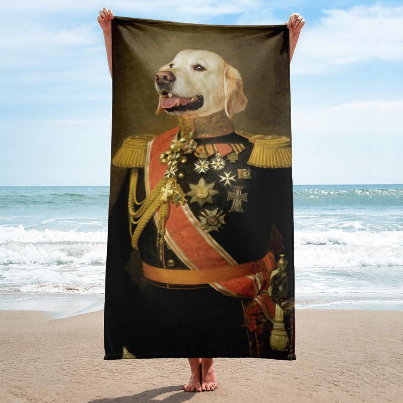 Funny Old Style Portrait Of Golden Retriever in Military Uniform - Beach Towel 0