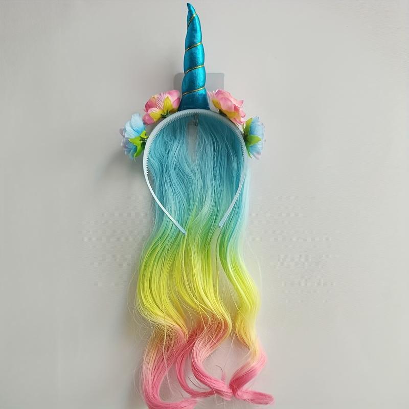 Unicorn Headband Curly Wig For Girls, Rainbow Flower Birthday Party Supplies Halloween Decorations For Girls Hair Accessories Music Festival Masks Comfortable Gift Magical Ornaments Multicolor 0
