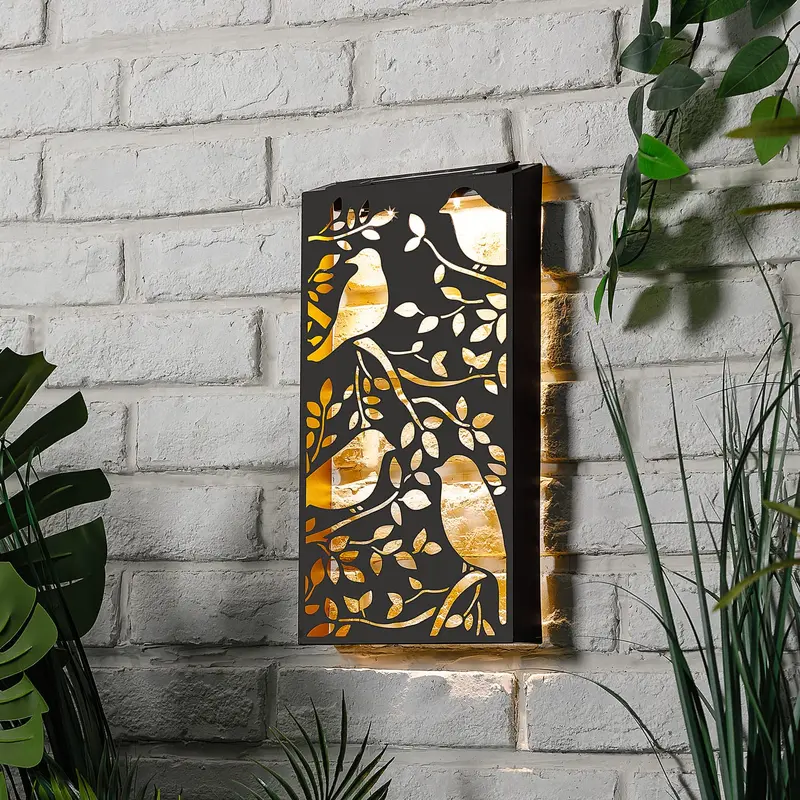Metal Wall Art Solar Light - Birds Design, Elegant Outdoor Garden Decor with 5 Warm White LEDs, Auto Dusk-to-Dawn Sensor 37x19cm, Weatherproof Iron Artwork for Patio, Fence & Exterior Walls Decoration 3