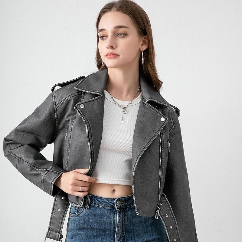 【2025】Premium Faux Leather Jacket coat  for Women,Solid Color Pocket Zipper PU Cropped Collared Long Sleeve Biker Faux Leather Jacket, Street Fashion Casual with Removable Belt Zipper Pocket for Autumn&Winter,New year/Christimas gift,fast delivery 2