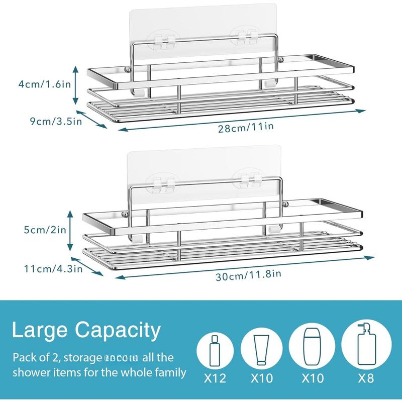 Product Introduction of Shower Caddy 2Pack No-Drilling Organiser Bathroom Caddy Shower Storage Bathroom Shelf Rack Bathroom Accessory Shower Holder with Adhesive Silver 11.8 x 4.3‘’ 4