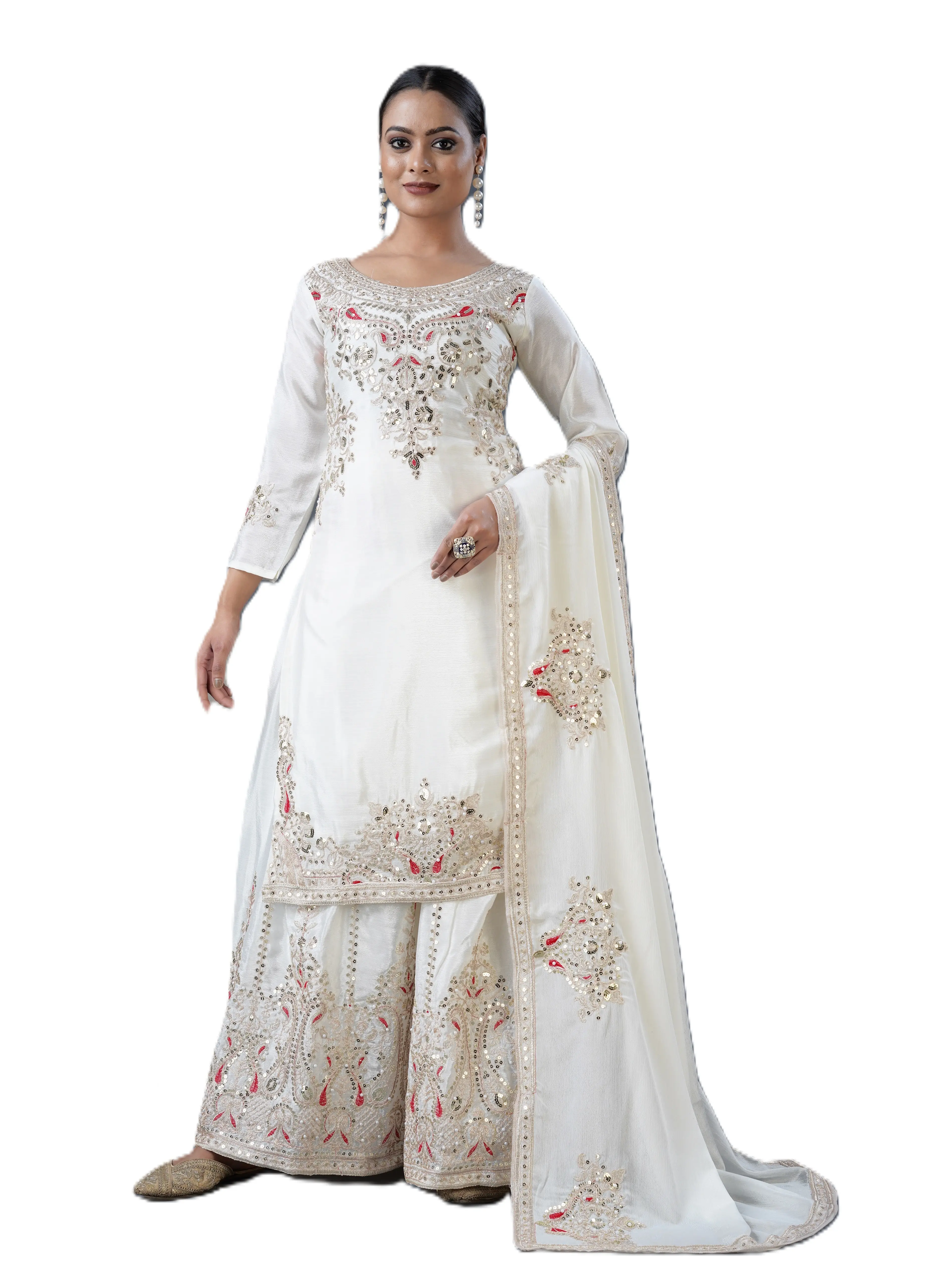 Traditional Pakistani/Indian White Color Palazzo Suit with Heavy Embroidery Work in Chinnon Fabric - Top and Elastic Pants and Dupatta - Comfort Dress Womenswear Clothing