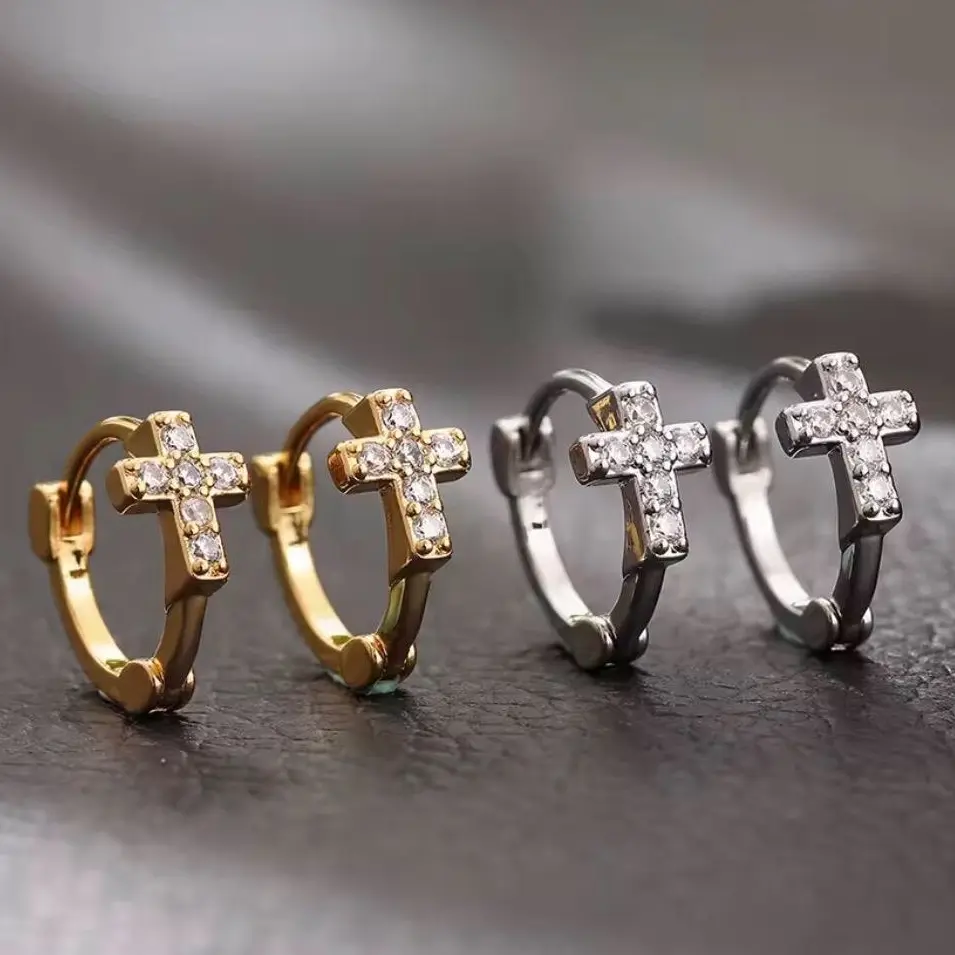 Crystal Huggie Cross Hoop Earrings stainless steel - Gold /Silver …Gift for Her- Birthday-Anniversary-Christmas