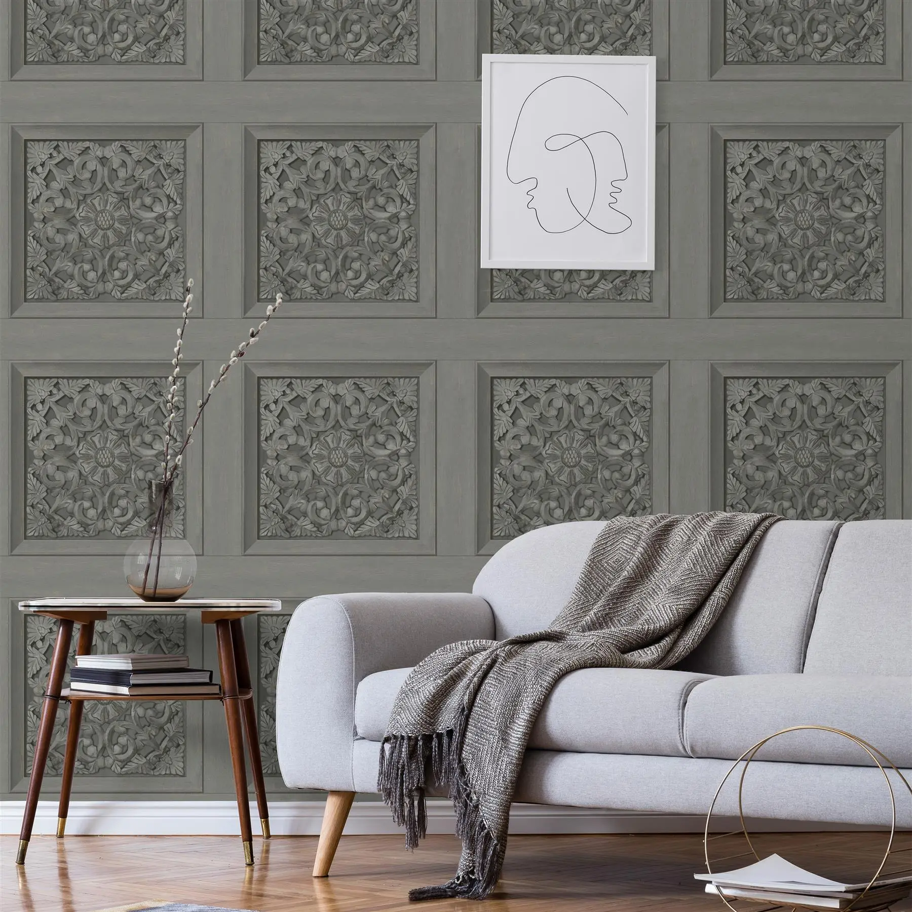 Fine Decor Carved Panel in Gunmetal Wallpaper - 10m x 53cm Wide, Paper, Washable, Paste the Paper