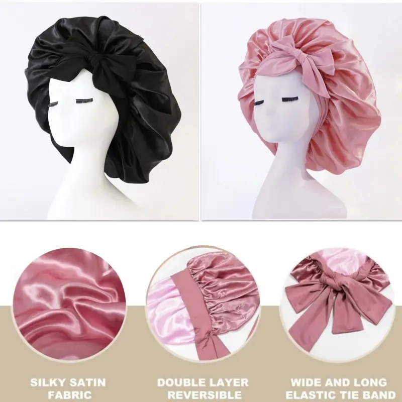 Double Layer Satin Bonnet Hair Satin Lined Silk Bonnet For Sleeping Bonnet With Tie Band Satin Hair Bonnet Adjustable Bonnets For Women Natural Curly Hair Heatless Styling Tools Heatless Curls 1