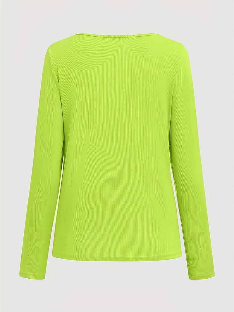 Product Introduction of Solid Ribbed Zipper Front T-Shirt, Casual Long Sleeve T-Shirt For Spring & Fall, Women's Clothing 1