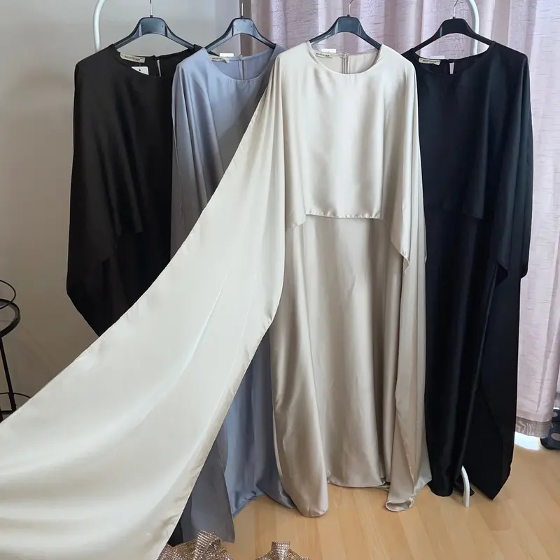 Cape Satin Dress Long Sleeve Plain Round Neck Classy 5
