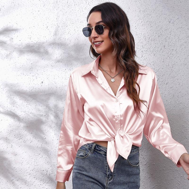 Product Introduction of Women's Satin Satin Imitation Silk Long Sleeved Shirt Elegant V-neck Retro Style Multicolor Shirt Top-Looki Ngi 9