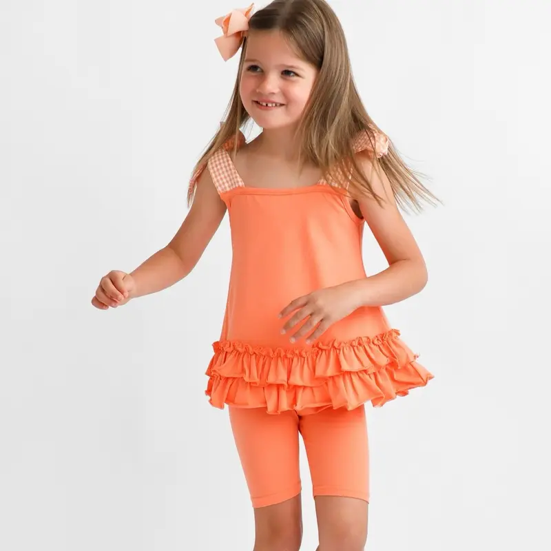 Shona girls coral frilly ruffle hem checked 3 piece tracksuit set 1
