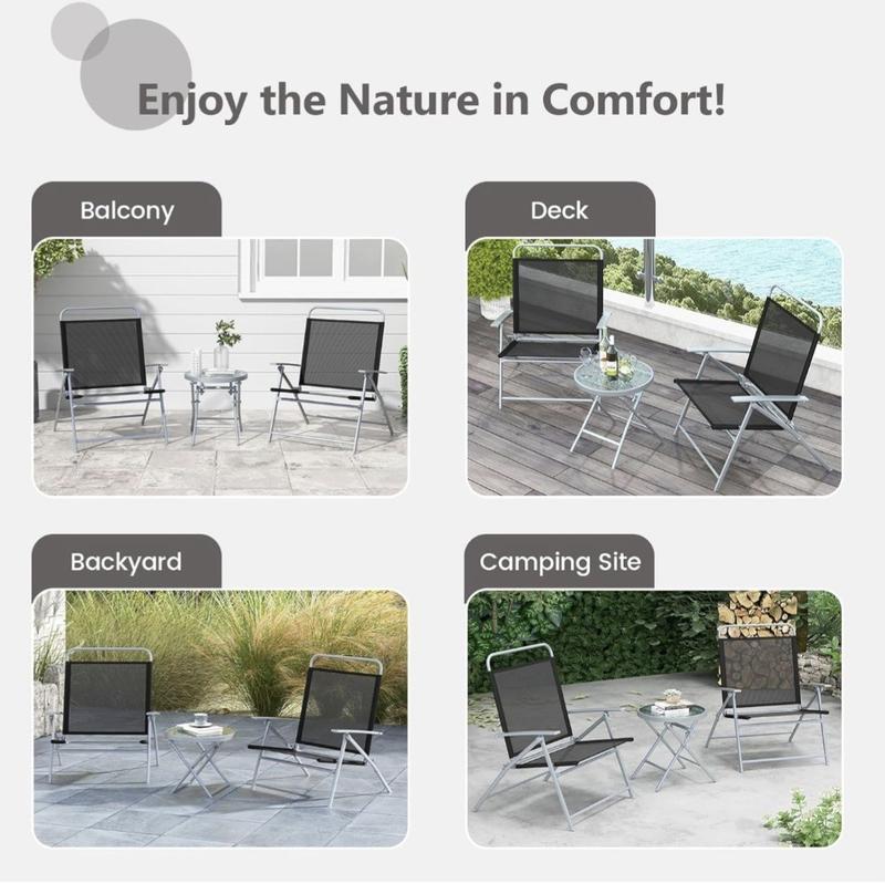 Product Introduction of 3PCS Patio Bistro Set, Garden Folding Chairs and Table Set with Ripple-like Glass Tabletop, Metal Frame Outdoor Dining Furniture Conversation Set for Balcony, Deck, Yard, Poolside 12