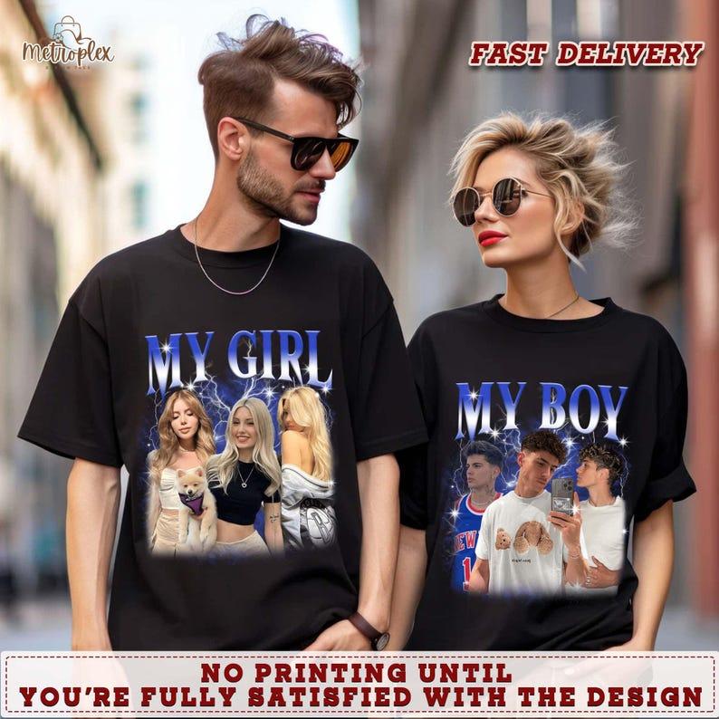 Custom Photo Girlfriend Boyfriend Face T-Shirt, 90s Retro Vintage Bootleg Shirt with Face, Personalized Pictures Tee for Couple 4