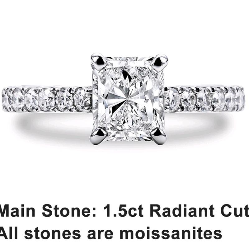 1.5ct D VVS1 Radiant Cut Moissanite Ring with GRA Certificates - 18k White Gold Vermeil Plate over 925 silver. 2