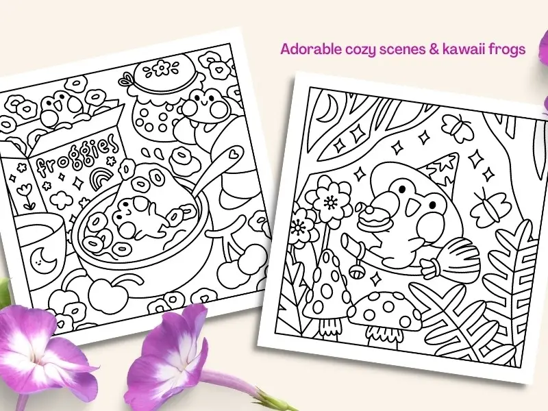 Froggy Days: A Kawaii Frog Coloring Book for Kids and Adults: Adorable Frog Adventures in Relaxing, Cute, and Fun Coloring Pages for All Ages 4