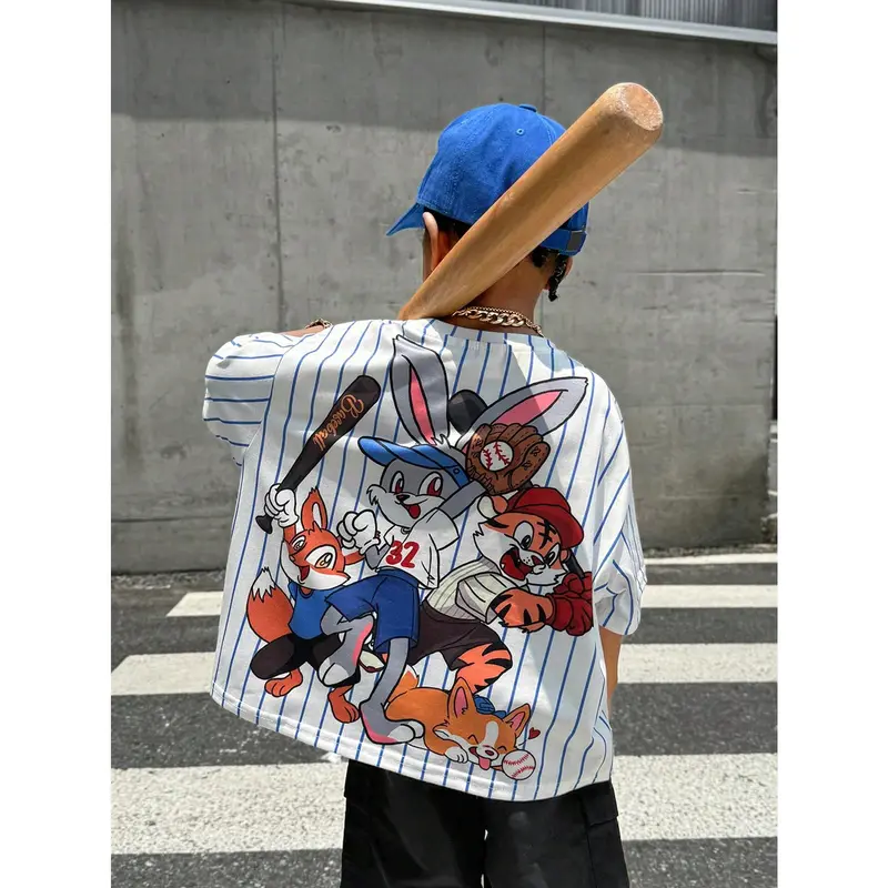 Young Boy 1pc Casual & Cute Vacation Cartoon Animal Group Print Ultra-Oversized Round Neck Drop Shoulder Short Sleeve White & Blue Striped T-Shirt, Suitable For Sports & Spring/Summer Seasons 6