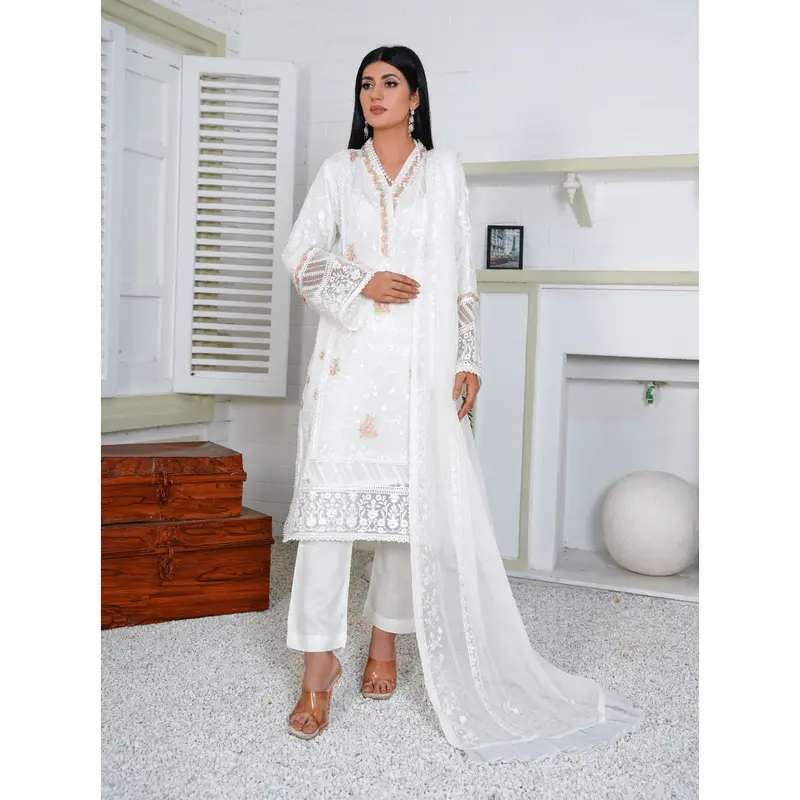 |BY-18| - Chiffon Embroidered Suit in White Color By Bin Younas Womenswear 2