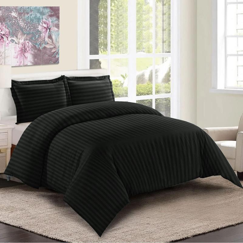 Satin Stripe Duvet Quilt Cover Bedding Set Single Double King Super-King Size W Pillowcases Microfiber Sleepdown Premium Hotel Quality Duvet Cover Set with Pillowcases Quilt Bedding Soft Easy Care Luxury Bed White Black Silver Cream Grey 3