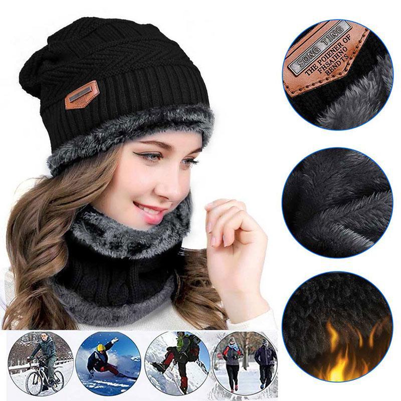Hat Scarf Set Neck Cover Winter Warm Fleece Knitted Thick Ski Cap 4