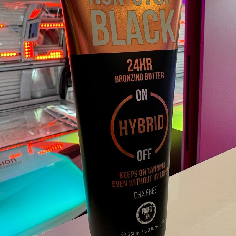 All 3 of the NON-STOP BLACK collection - 24HR BLUSHING TINGLE GEL ON HYBRID • KEEPS ON TANNING EVEN WITHOUT UV LIGHT  NON-STOP BLACK 24HR BRONZING BUTTER ON HYBRID OFF KEEPS ON TANNING EVEN WITHOUT UV LOH DHA FREE POWER 1HN 250ml/ Bronzer 2