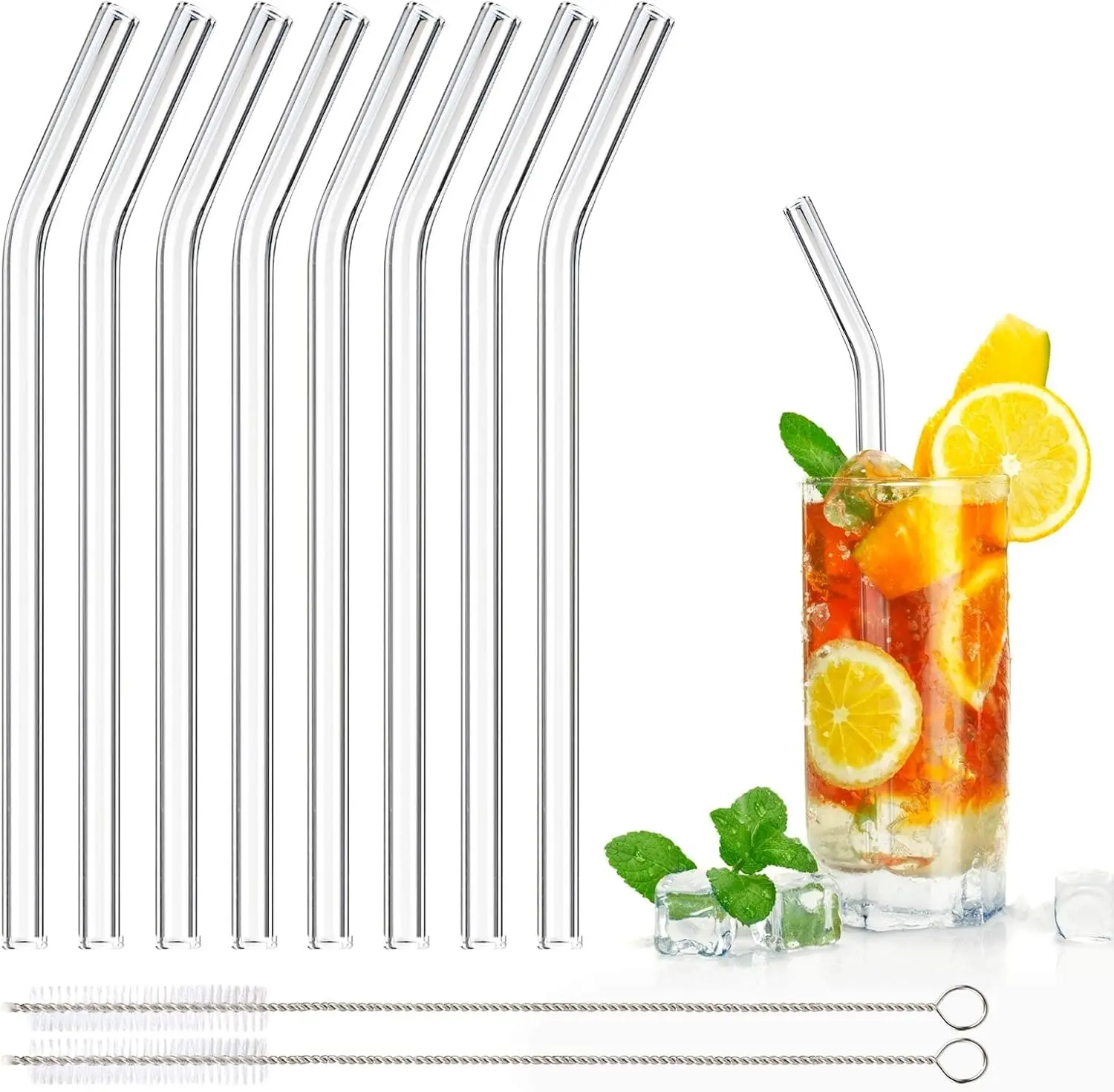 8 Pcs Glass Straws Reusable Glass Straw Drinking Straws with 20cm Length Eco Friendly with 2 Cleaning Brushes Transparent Clear Straws Perfect for Milk Coffee Coctail (Curved)