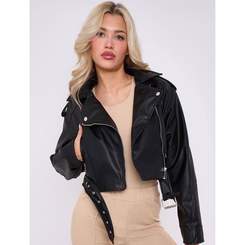 Stylish Faux Leather Biker Jacket for Women with Belt - Zip Fastening & Side Pockets - Coats, Womenswear Minimalist Long Sleeve Outerwear Comfort Tops Coats Womenswear 4