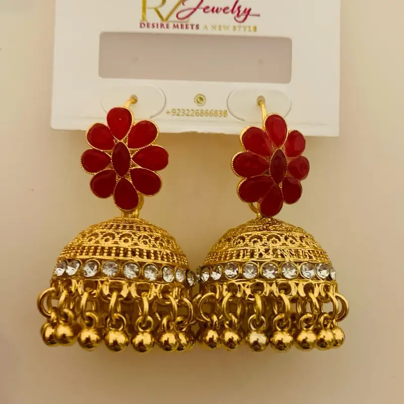 Beautiful Indian Pakistani jhumka earrings 2” long with tiny beads dangling drop down womenswear