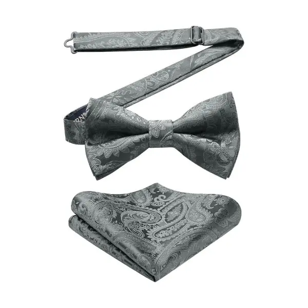 Men's Solid Color Pre-tied Bow Tie Adjustable Tuxedo Two Layer Bow Tie and Pocket Square Set with Gift Box 3