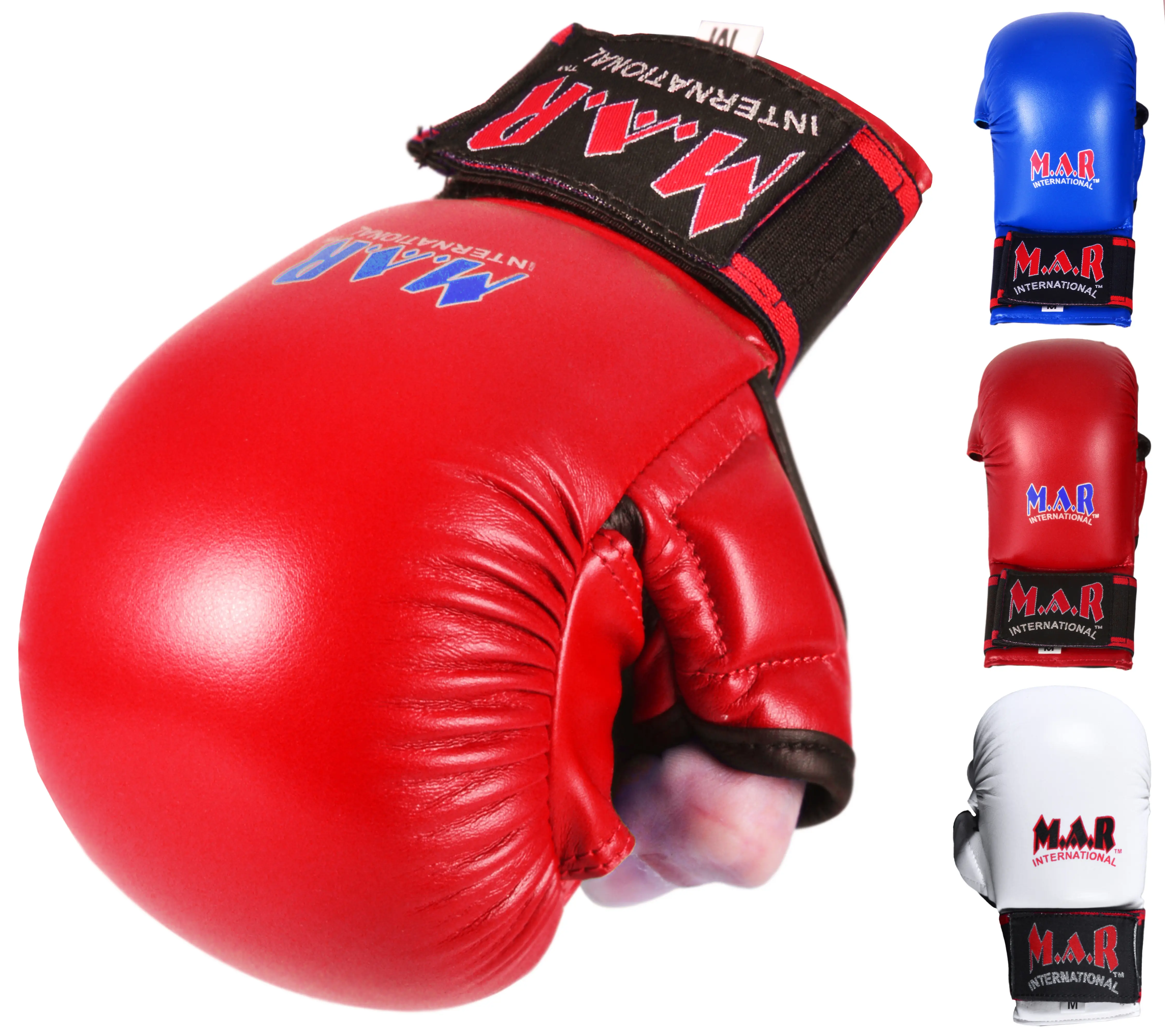 MAR | Red Karate Bag Gloves with Flexible Closure, Semi-Contact Gloves Rex Leather Gloves with Elasticated Finger Grips for Kickboxing, Muay Thai, MMA, & Taekwondo - Unisex, Adults/Kids sparring