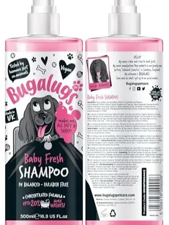 BUGALUGS Baby Fresh Dog Shampoo 500ml dog grooming products for smelly dogs with baby powder scent, Vegan, best pet puppy shampoo conditioner professional (1x500ml)