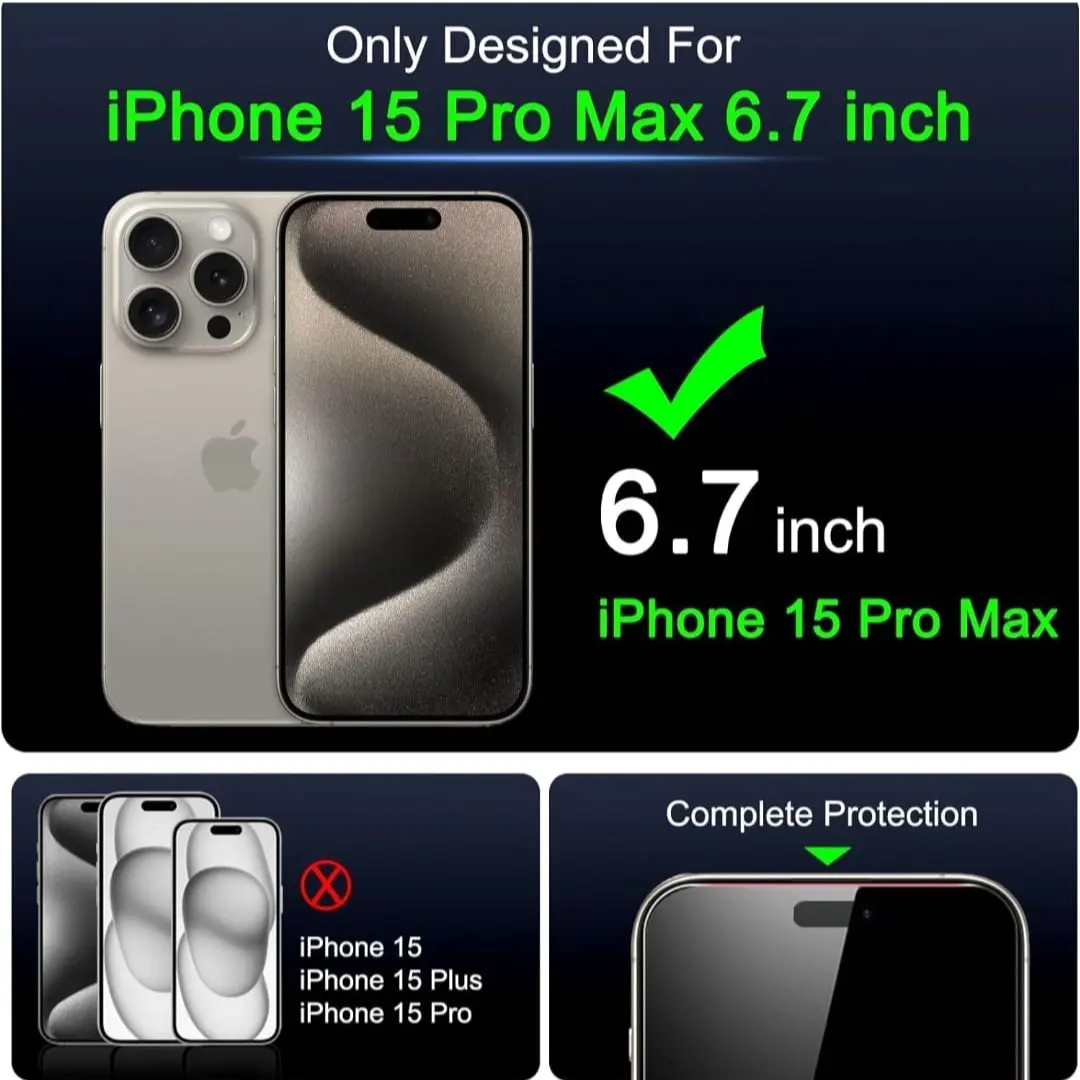 iPHONE 15 PRO MAX , 4 Pack Screen Protector for iPhone 15 Pro Max Tempered Glass with 4 Pack HD Camera Lens Protector Accessories, Installation Guidance Frame, Scratch Resistant Protection Resistance