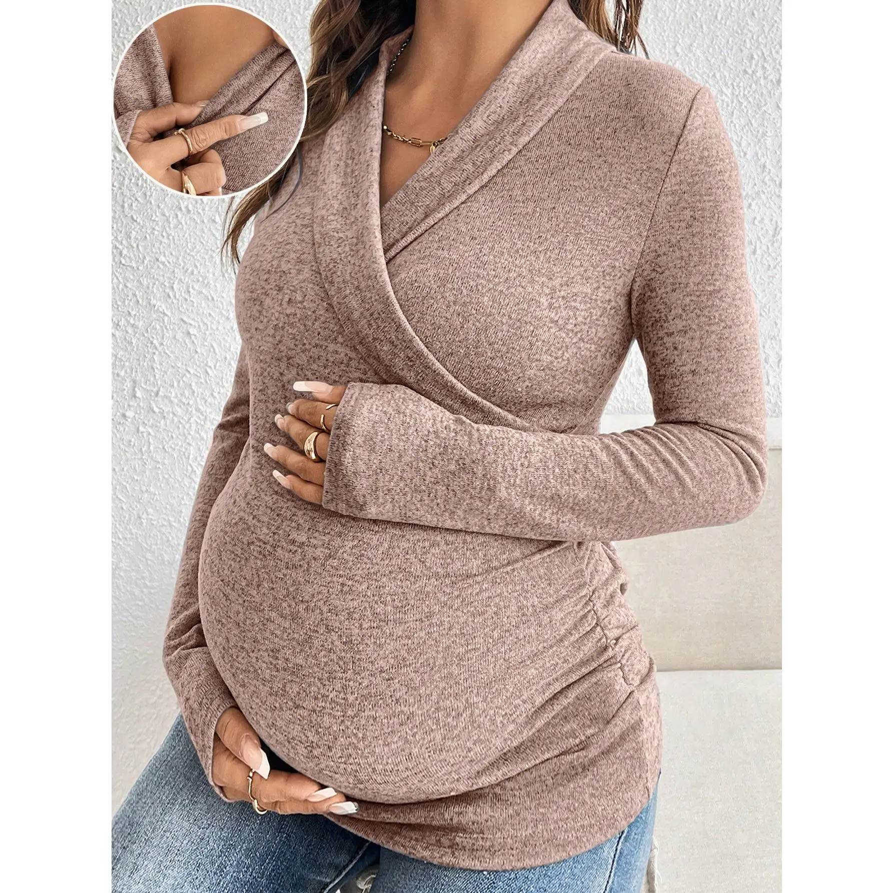 V-Neck Pleated Long Sleeve Breastfeeding Top, Casual Everyday Wear